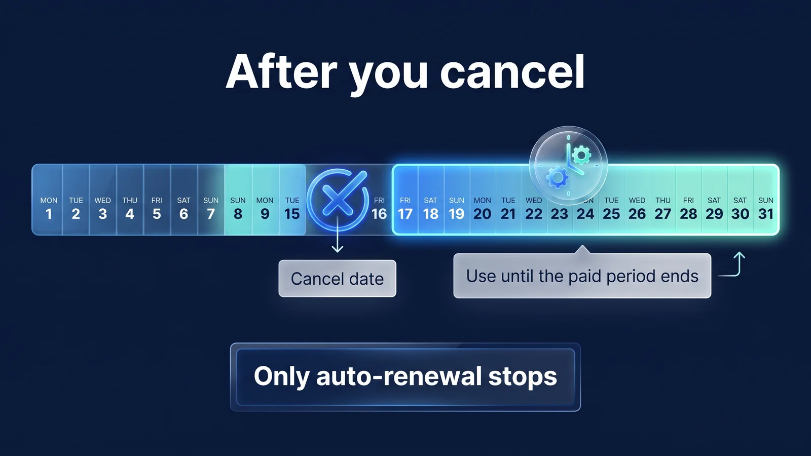 Cancellation only blocks the next payment and does not terminate immediately.